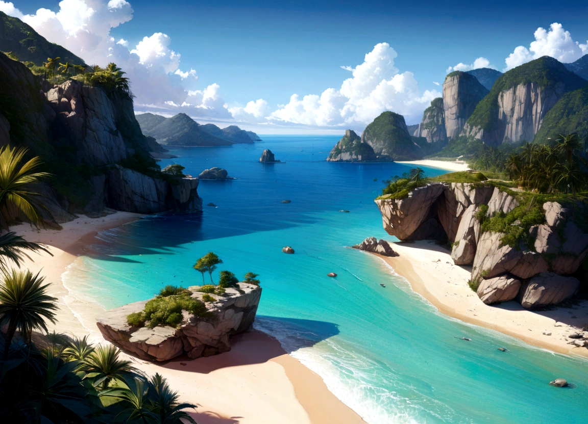 (best quality,ultra-detailed,realistic:1.37),landscape,beach,extremely detailed and realistic vegetation,blue sky,few clouds,idyllic place.