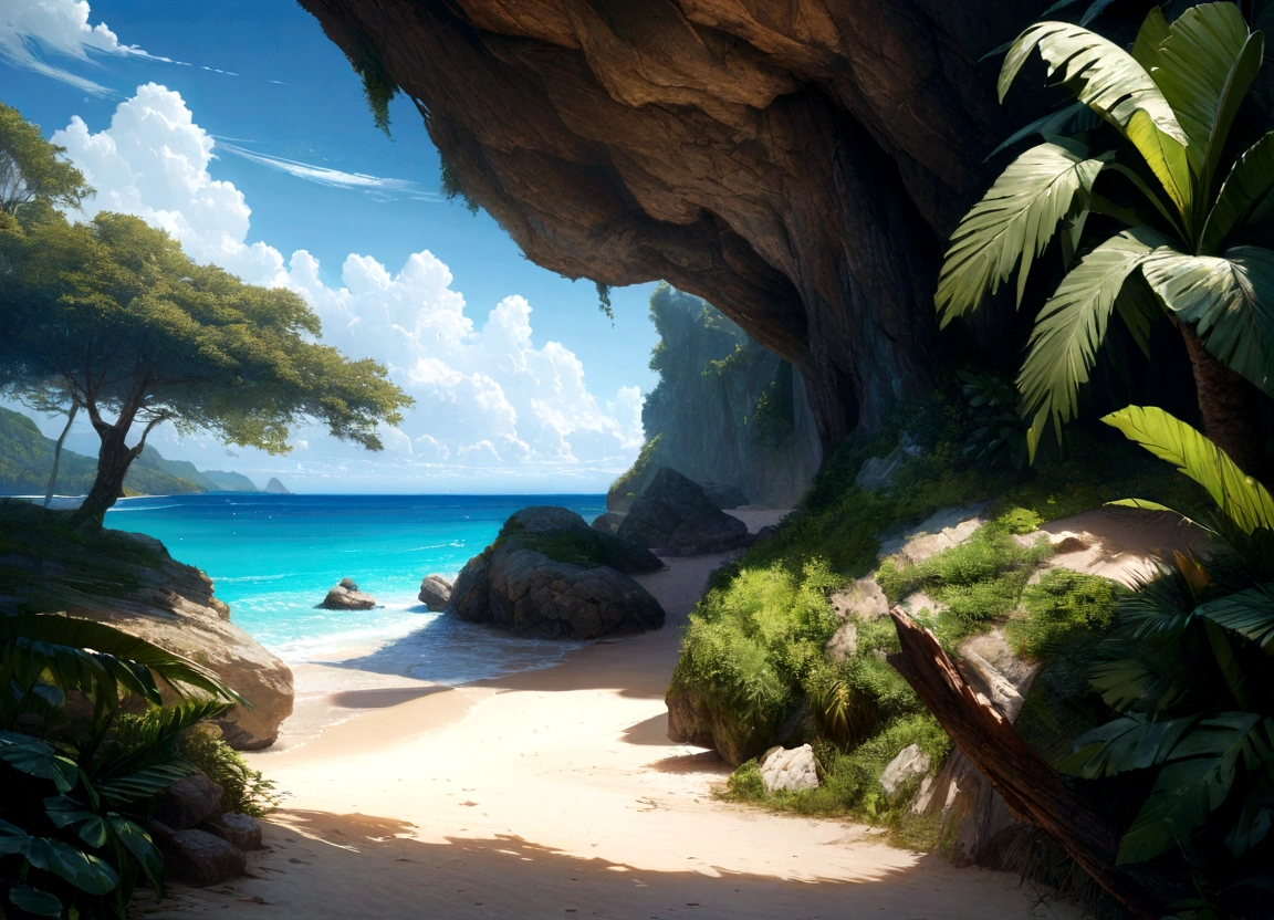 (best quality,ultra-detailed,realistic:1.37),landscape,beach,extremely detailed and realistic vegetation,blue sky,few clouds,idyllic place.