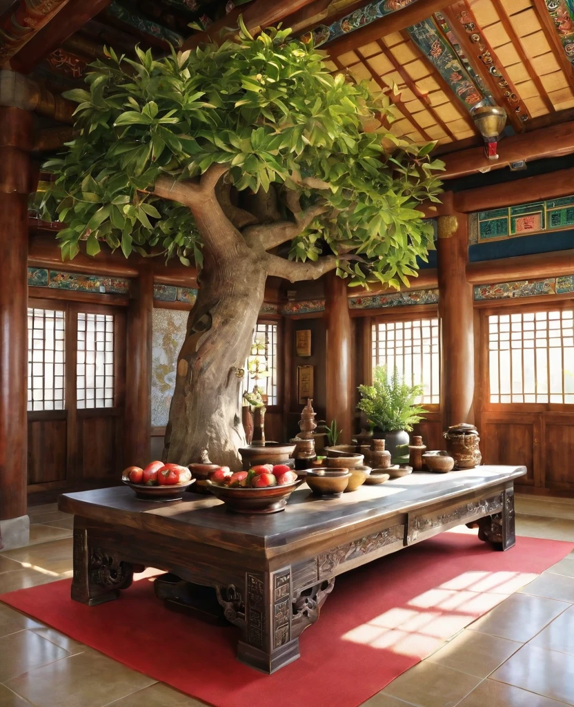 (( high quality)) (( realistic photo)) Worship hall , Korean traditional, Korean shamanism Worship Hall, tradition, decorative plants , ancient, Buddhist ( best quality)) ((realistic))