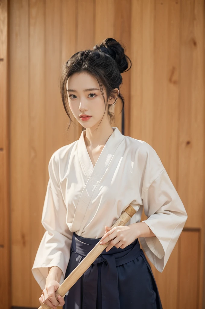 (((best quality))),(((ultra detailed))),(((masterpiece))),illustration,1girl,solo,tonogui,short ponytail,slim,thin,small breasts,flat chest,white collar,white kendogi,three-quarter sleeves,maxi navy-blue kendo hakama,standing in kendo gym,(holding a bokuto in hand:1.3),arms behind back,focused and determined expression,ready for challenge,slender and elegant face,confident and resilient,fair skin,blush,neat teeth,bright smile,clean and tidy uniform,wooden gym floor,wall,pine scent,standard grip,ready to slice through obstacles,strong belief,determination,spirit of resilience,admiring,from front,upper body,
