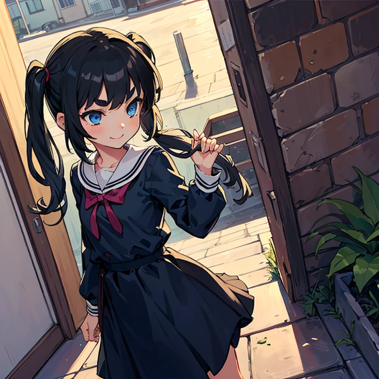 Young girl with black hair, long twintail, twintail hairstyle, (blue eyes),, ((small bushy eyebrows)), wearing gothic ****ta clothing, ****con , walking to school, flirty smile, , lifting her skirt to show her vagina wet with semen, 