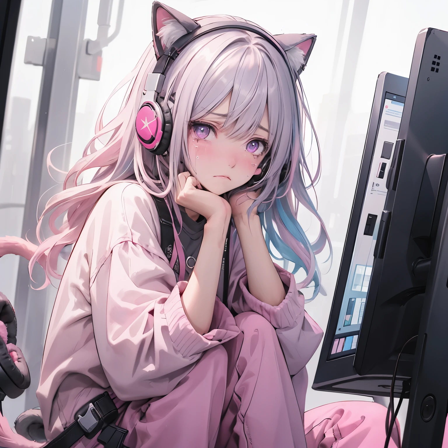 (masterpiece), Highest quality, Ultra-high resolution,Cat with pink ribbon、Silver colored hair、Pink eyes、Pink clothes、headphone、sad、Depressed、cry、Crouch down