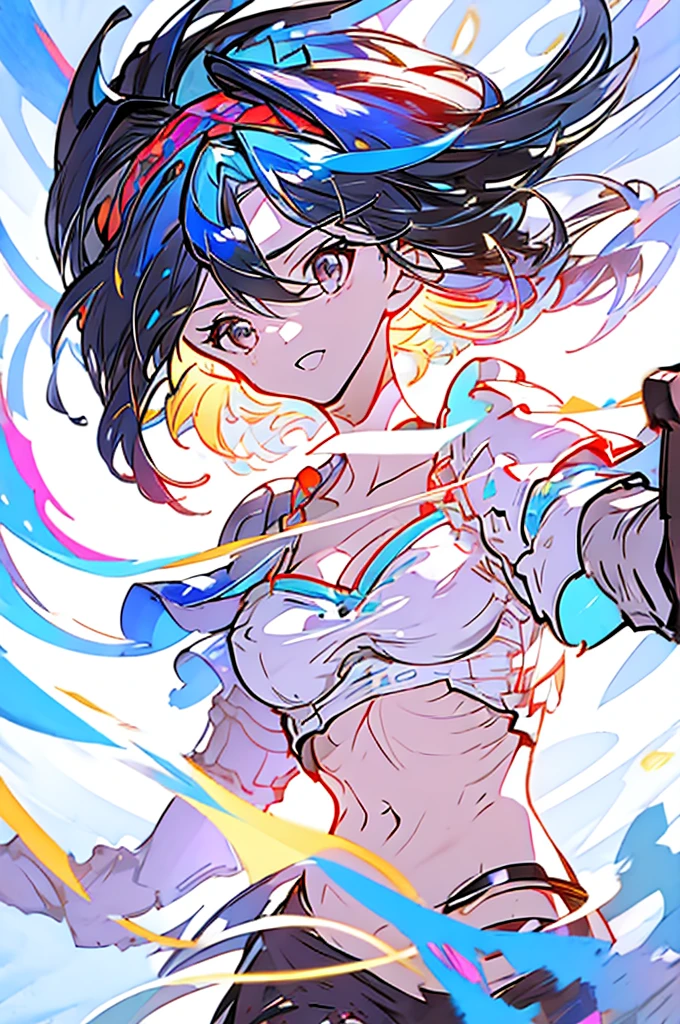 Djeeta Blue Hair Black headband Facing forward looks strong Black Armor Cleavage is coming out I have a protruding belly Erase the background Pure white background