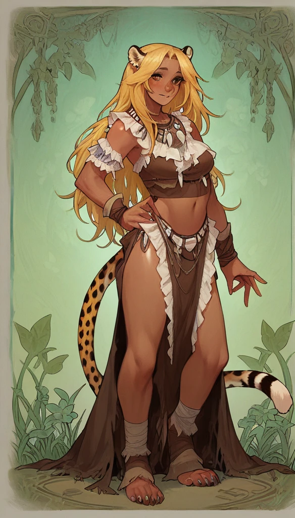 score_9, score_8_up, score_7_up, score_6_up, score_5_up, score_4_up, 
female, (cheetah tabaxi), long hair, dark_skin, dark_skinned_female, blonde hair, brown eyes, eyelashes, frills, tribal outfit, light smile,
Full body standing painting, (((solo))), Simple line design, ((tarot card background, symmetric beauty)), perfectly symmetrical, The art of symmetry, Standing drawings of characters, ((flatcolors)), tmasterpiecetop Qualities qualtiy