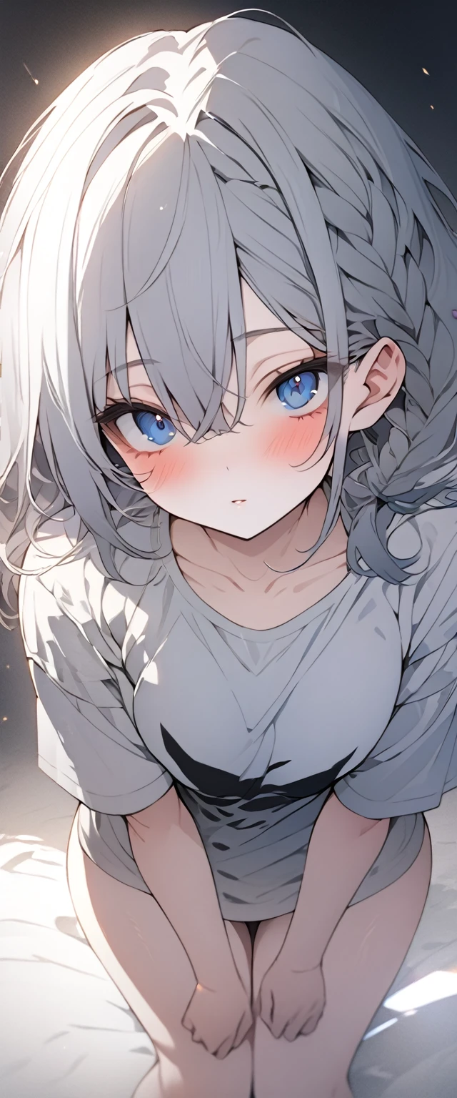 beautiful, masterpiece, Highest quality, anime, One girl, C Cup,Portrait Shot, View your viewers, Covered、Medium Hair、nearby、Blue Eyes、art、、White hair,Blue streaked hair, dark atmosphere、Thighs、Braid、Rough shirt、No underwear