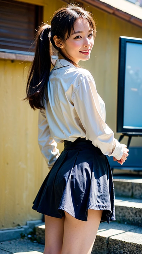 (masterpiece, highest quality, High resolution, 超High resolution, Perfect Pixel, Depth of written boundary, 4K, RTTX 10.0, High resolution))), (One woman:1.3) (Cowboy shots: 1.5) Beautiful Anime Women, Beautiful art style, Anime characters, (, ((Detailed face:1.2)), ((Smooth texture:0.75, Realistic texture:0.5, Anime CG Style)), (Maximum resolution: 1.2), (Ultra HD TV: 1.2), Cinema Lighting, ((highest quality)), ((masterpiece)), (High resolution), 8K, Best Shadow, The best natural light, Cinematic, (Adult woman climbing the stairs), (brown hair,)、Looking back, bashful、ponytail, (blazer, Brown cardigan, White shirt, Checkered Skirt))、(Navy blue socks)、((Rear view))、Angle from the bottom of the back、Manga panel layout、Cartoon style、Manga Design、Station stairs、(Skirt flipped up by strong wind, A perfect skirt of uniform length:1.4), Stylish white satin panties, Slender body,Beautiful thighs, Embarrassed look,(looking down:1.5),(Chuckle-Smile:1.5),