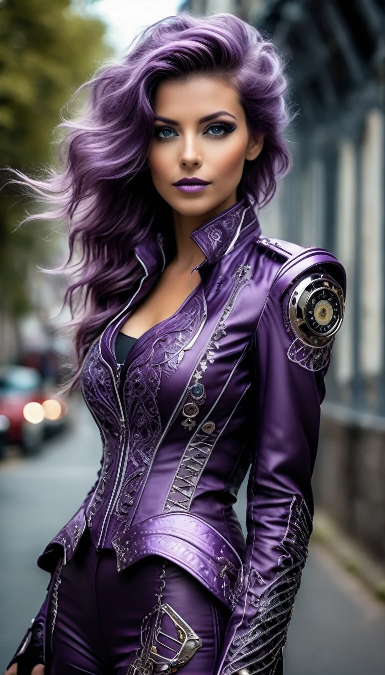 ((photo vue de dessous)), Un portrait hyperréaliste d’une sublime femme heureuse et rayonnante conduisant une moto futuriste,( motorcycle très détaillée, mototcycle futuriste de haute technologie), femme aux cheveux couleur violet irisé sombre foncé très_long et très détaillés, ((cheveux couleur violet irisé foncé électrique)), portant une robe en dentelle blanche avec des accessoires steampunk, (tenue blanche), situé dans une ville de style victorienne avec des éléments mécaniques, seins volumineux, poitrine push-up , regard intense et sensuel , corps élancé, pose dynamique
