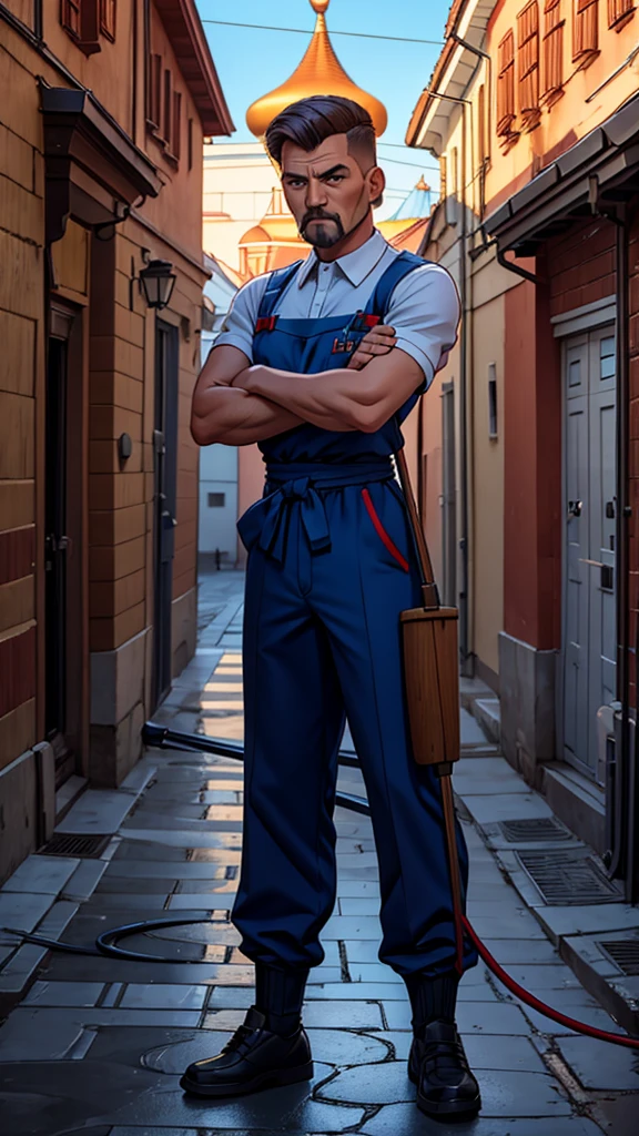 janitor man old Russian street full-length arms placed in different directions T-pose