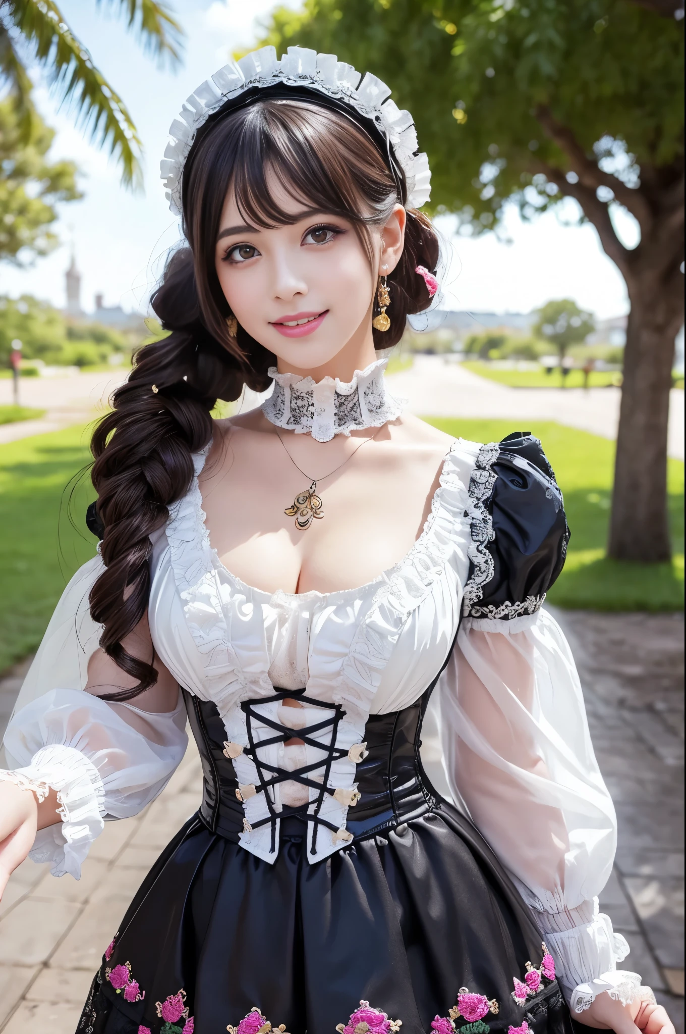 sexy stylish Spanish model, only 1 female, ((doll-like appearance)), ((very detailed Victorian-Style boots)), (smiling face), very detailed eyes, vivid eye makeup, lipgloss, long lashes, defined eyebrows, ((sexy Paradise Kiss cosplay)), bell-shaped skirt, petticoats, high neckline, puffed sleeves, ((very detailed lace)), ((very detailed embroidery)), intricate details, Paradise Kiss accessoires and matching headpiece, Paradise Kiss choker, ((large sparkling Paradise Kiss jewelry)), cinematic light, detailed large park background with trees