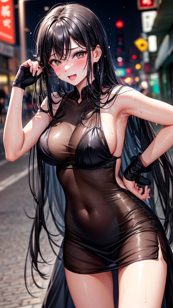 woman,20-year-old,,city,night,(((Sexy silk dresses))),,Laughing with your mouth open(())(See-through),(()),((Black Hair)),blush、Surprised face,((())),(Wet with sweat)Photographing