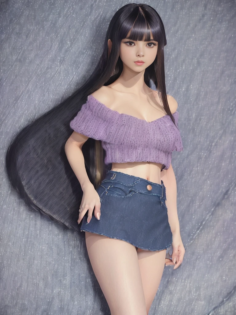 Anatomically normal、18歳日本人One female、Japanese Idols、16K、Highest quality、Highest quality、Highest Resolution、Masterpiece、(A full body photo from head to toe:2)、Accurate, ultra-high resolution portrait photography、(Perfect Body Beauty:2)、(A perfect and beautiful figure with a beautiful whole body:2)、(Straight super long layered haircut:2)、(Straight long bangs:2)、Highly detailed face and skin texture、(左右対称の美し過ぎて綺麗過ぎて可愛すぎるSuper small face:2)、(Super small face:2)、Very big and beautiful eyes、Naturally lustrous, translucent white skin、(Super long straight hair with long layered bangs:2)、(Violet Bra:2)、Brown hair color that is too bright and noticeable、(Thin, delicate and realistic small face:2)、(A purple off-the-shoulder knit sweater from a brand that is so short you can almost see under her bust.:2)、(The bust is never visible:2)、(The bottom of the bust is almost visible, but not completely.:2)、(Her slim waist and belly button are clearly visible:2)、bare clavicle、Naked shoulders、Deep cleavage、Thin and slender build、Too thin waist、Hourglass system、(Beautifully shaped, firm, large breasts:2)、(Plain navy denim micro mini skirt:2)、(A super short mini skirt that completely covers the panties, so the panties are completely hidden.:2)、(It's a no-no if you see her bra and panties:2)、No anatomical abnormalities、(たった一人だけのOne girl:2)、solo、(Always be alone in the photo:2)、(One girl:2)、(No anatomical abnormalities:2)、(Only one person is in the picture:2)、No anatomical abnormalities、(She is completely in love with the viewer and looks at him with a shy expression.:2)、Highly revealing、(A full body photo from head to toe:2)、(It's absolutely no good if the photo doesn't show the subject from head to toe.:2)、(One girlだけ:2)、(成人One femaleだけ:2)、(絶対にOne femaleだけしか写っていない:2)、(No anatomical abnormalities:2)、(Anatomically normal:2)、(One female:2)