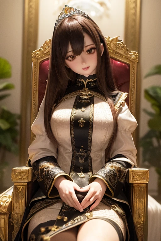 photorealistic, realistic photo, ((highest quality)), ((masterpiece)), detailed, kukolnydom, doll, (mature woman, 22yo, 22 years old:1.6), solo, sitting on throne, green eyes, brown hair, wavy hair, (light smile, parted lips, looking down, blank eyes, empty eyes, detailed eyes, detailed face:1.3), princess dress, tiara, castle, 8k