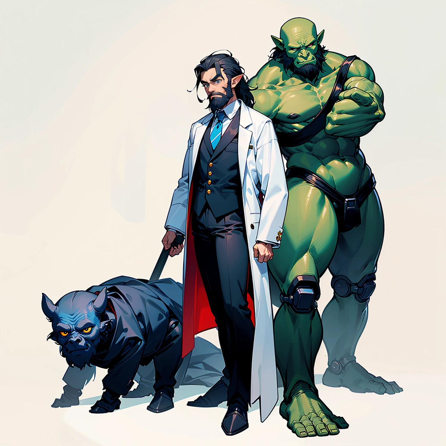 full body version, 1man, middle-aged, professor, short height, small legs, white coat, black pants, black eyes, black hair, loose hair, yellow skins, square head, beard, a symbol on his forehead, black handkerchief, Grassroots, (Has a pet orc with a robotic body, full body version, red skin, blue eyes)