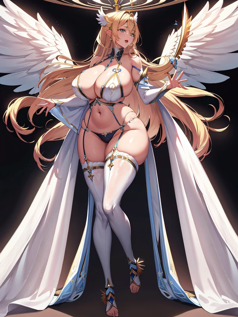 最high quality, high quality, 8K、High resolution,Highest quality、anime、solo、from the front、Arafe woman wearing a white bikini, Long neck、bare hands、barefoot、belly button、maternal、Thighs、Background of a room with a chandelier、Are standing、Open Mouth Smile、Blonde、high qualityな青い瞳、白いビキニを着ているsuper Wide Angel, Majestic angel all over the body, animeの女神, Wide Angel, Angela White, Epic pose,白いビキニを着ている美しく魅力的なanimeの女性, Huge and stunning goddess shots, Angel Knight Girl, Tall female angel, She has angel wings on her chest, Highly detailed goddess shot