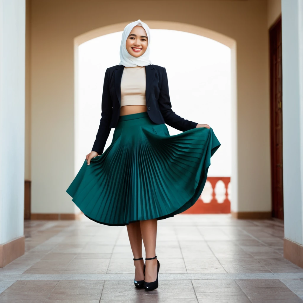 A smiling indonesian woman wearing hijab, authentic, (shy:1,3), kind, beautiful woman, is passionately in love with her skirt, loving while wind lifts her skirt, wearing short blazer and very, very detailed (long (fully pleated) full circle skirt) and (low heeled court shoes), very, very intricate hyper-detailed symmetric (attractive graceful young feminine face) with (sad, tired eyes and a loving smile), very voluptuous breasts, full of empathy and compassion and love, (pronounced (feminine) features), (highly detailed ultra accurate realistic) hands and fingers, (windy), epic composition, highly detailed attributes, (35mm f1.4 Kodak portra 400 photograph), extremely high quality RAW photograph, highly detailed atmosphere, cinematic shot, dynamic lighting, 75mm, Technicolor, Panavision, cinemascope, sharp focus, fine details, 8k, HDR, realism, realistic, key visual, film still, superb cinematic color grading, depth of field
