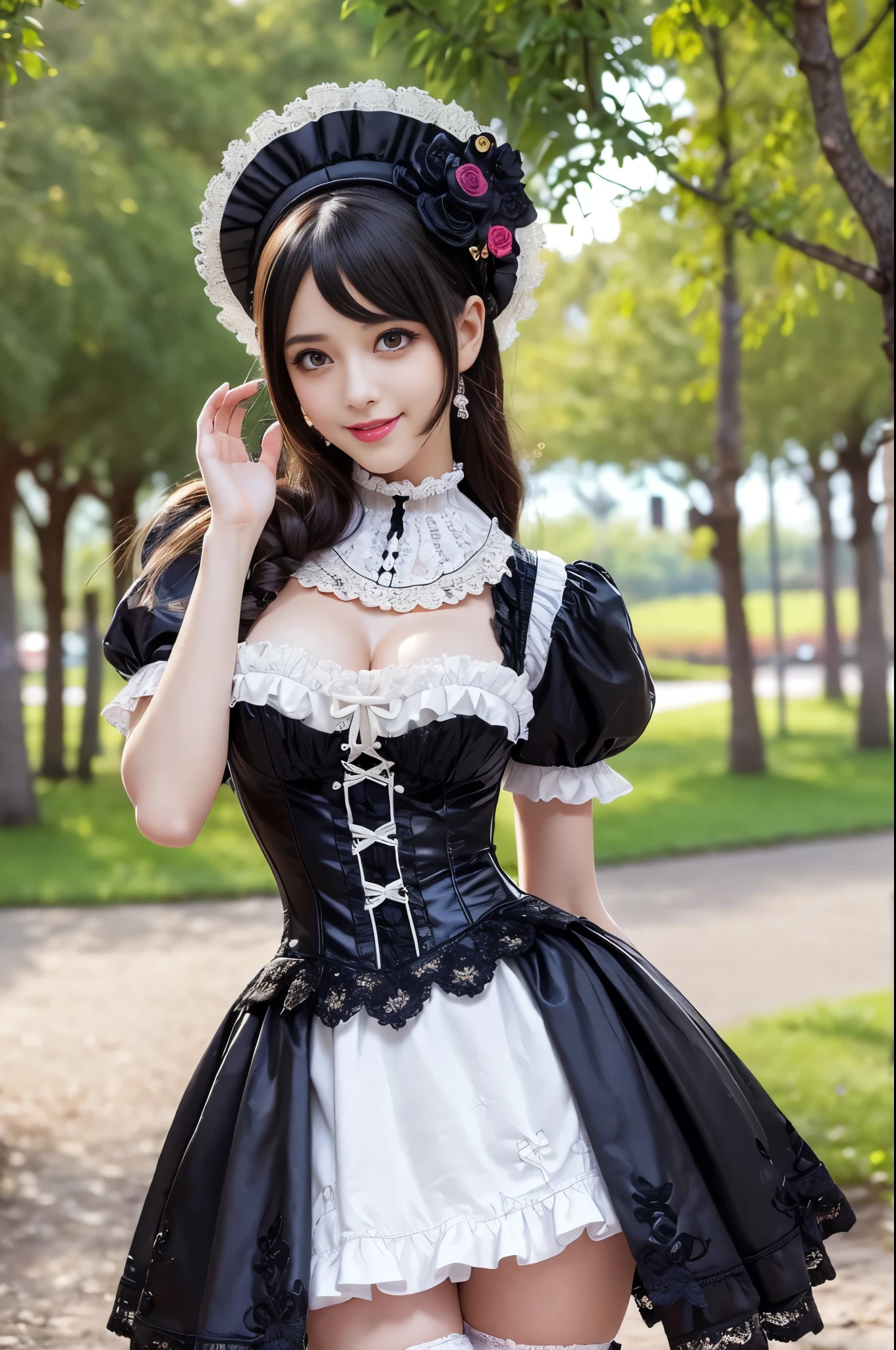 sexy stylish Spanish model, only 1 female, ((doll-like appearance)), ((very detailed Victorian-Style boots)), (smiling face), very detailed eyes, vivid eye makeup, lipgloss, long lashes, defined eyebrows, ((sexy Paradise Kiss cosplay)), bell-shaped skirt, petticoats, high neckline, puffed sleeves, ((very detailed lace)), ((very detailed embroidery)), intricate details, Paradise Kiss accessoires and matching headpiece, Paradise Kiss choker, ((large sparkling Paradise Kiss jewelry)), cinematic light, detailed large park background with trees