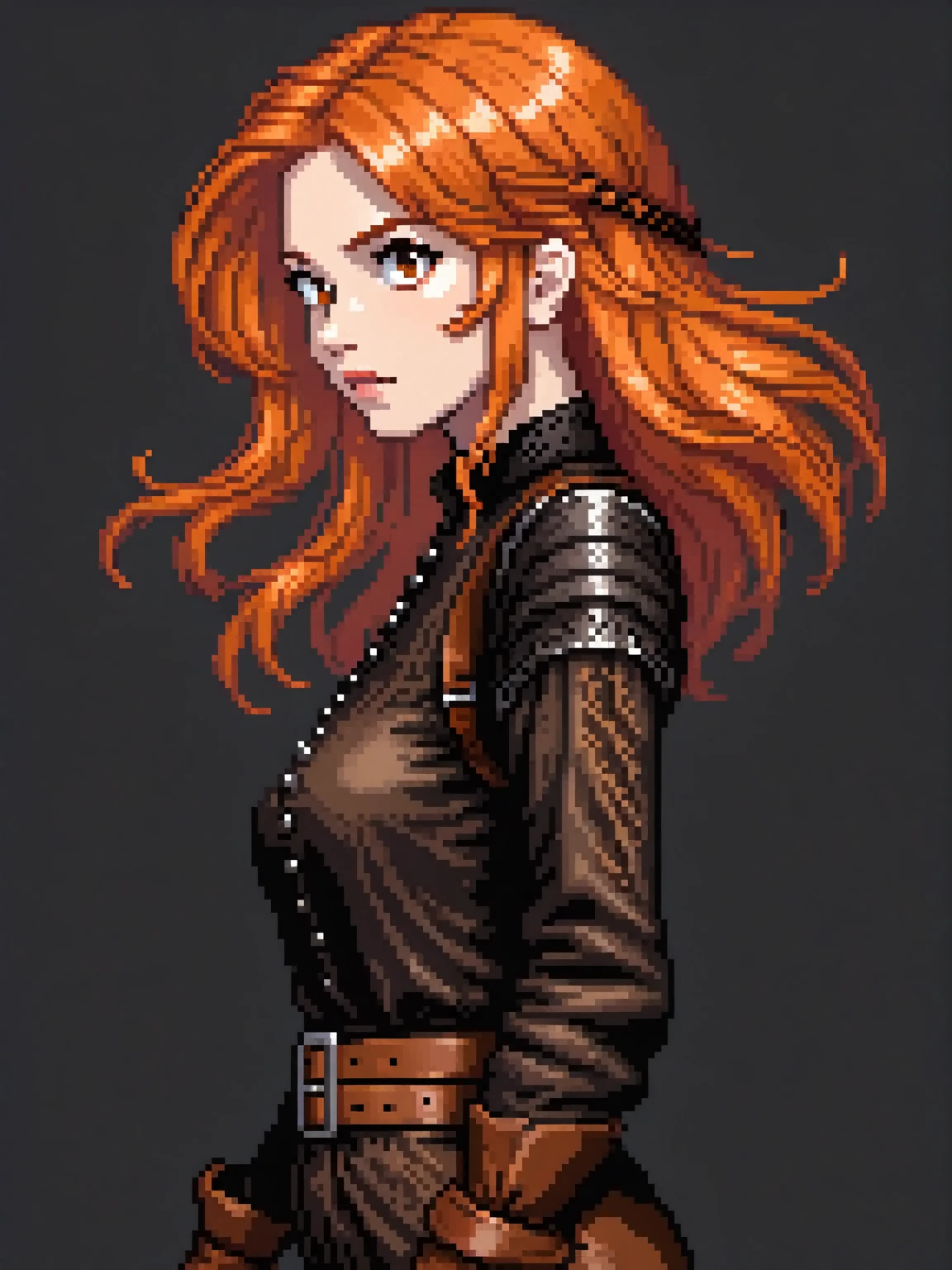 (Pixel art: 1.2), 1 middle-aged woman, with a medium-length vibrant light orange hair, light brown skin, wearing a dark brown long-sleeved medieval shirt that covers the entire arms, brown pants, a leather belt, brown leather boots, side view, red eyes, visible lips and nose, Black background, menacing expression.