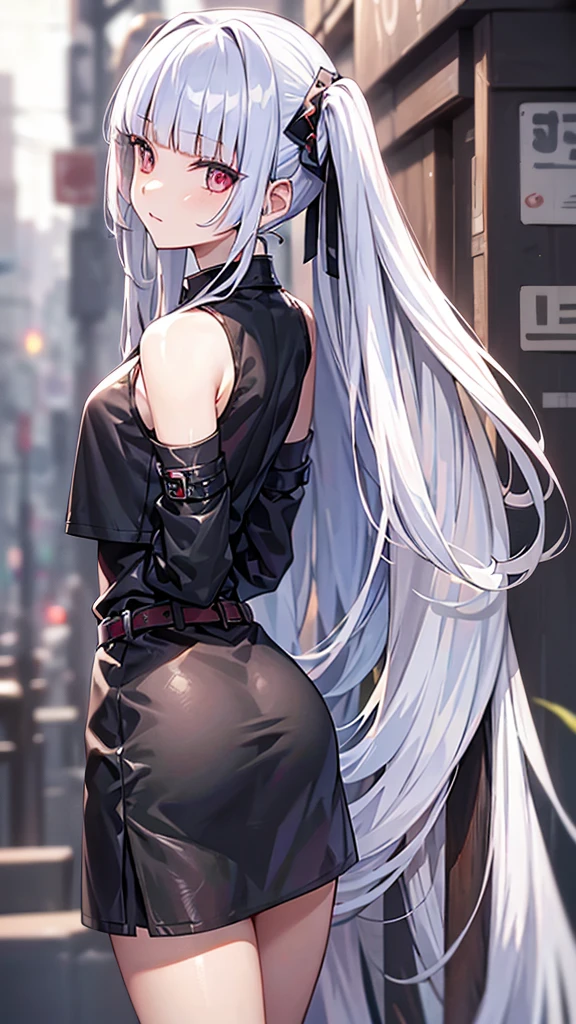 masterpiece, best quality, absurd, Perfect anatomical structure, 1 Girl, Solitary, Silver dark grey long hair, Cropped Jacket, belt, Cowboy shooting, permanent, Smile, (Arms behind your back:1.5),(Lean forward:1.25),(Perfect eyes:1.5), Heterochromia, Red Eyes, Gray eyes, leather, Diamond Lace, Black punk,Pale skin Jifa