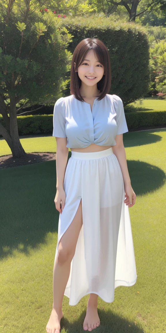Full body standing upright on grass barefoot、cute、20-year-old、Japanese、Big Boobs、Light blue blouse、White long skirt