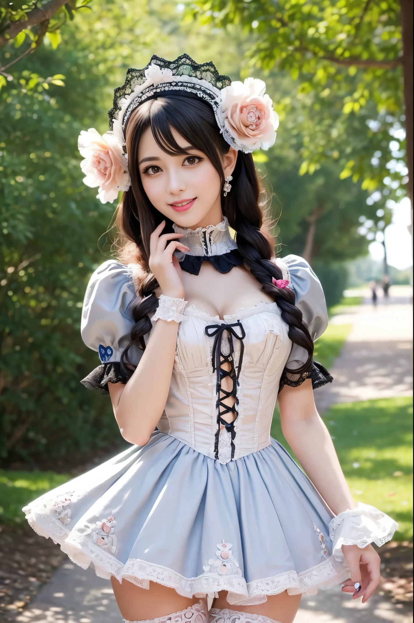 sexy stylish Spanish model, only 1 female, ((doll-like appearance)), ((very detailed Victorian-Style boots)), (smiling face), very detailed eyes, vivid eye makeup, lipgloss, long lashes, defined eyebrows, ((sexy Paradise Kiss cosplay)), bell-shaped skirt, petticoats, high neckline, puffed sleeves, ((very detailed lace)), ((very detailed embroidery)), intricate details, Paradise Kiss accessoires and matching headpiece, Paradise Kiss choker, ((large sparkling Paradise Kiss jewelry)), cinematic light, detailed large park background with trees