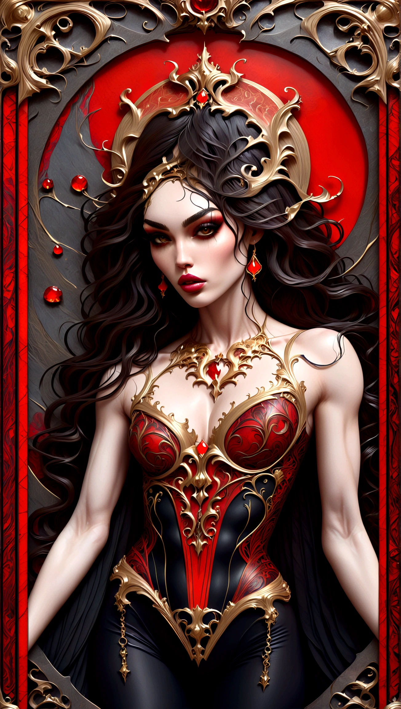 a beautiful illustration of megan fox as a very muscular vampire girl in an abstract marble texture with a tarot style frame, with colors of obsidian black, shiny gold, and ruby red, highly detailed, intricate design, BY Anne Bachelier,