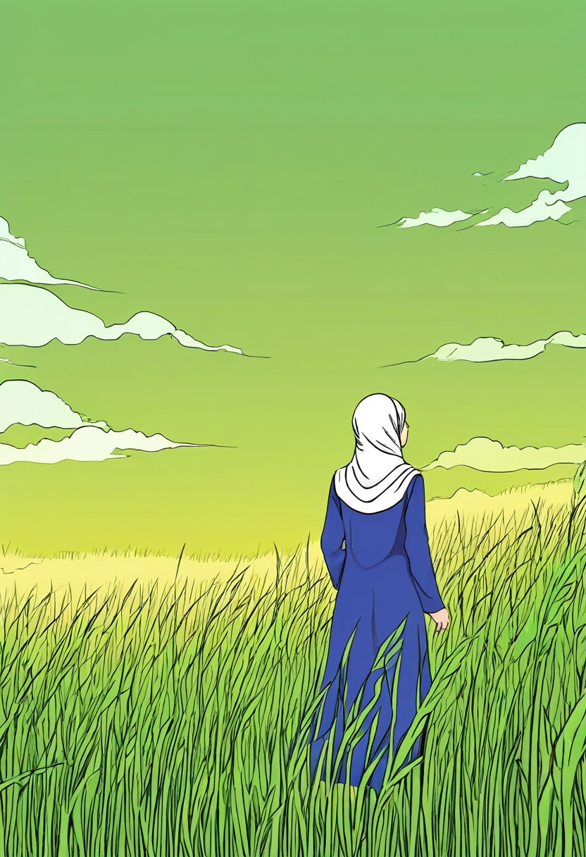 hijab woman in the middle a green meadow looking at the blue sky. manga style,