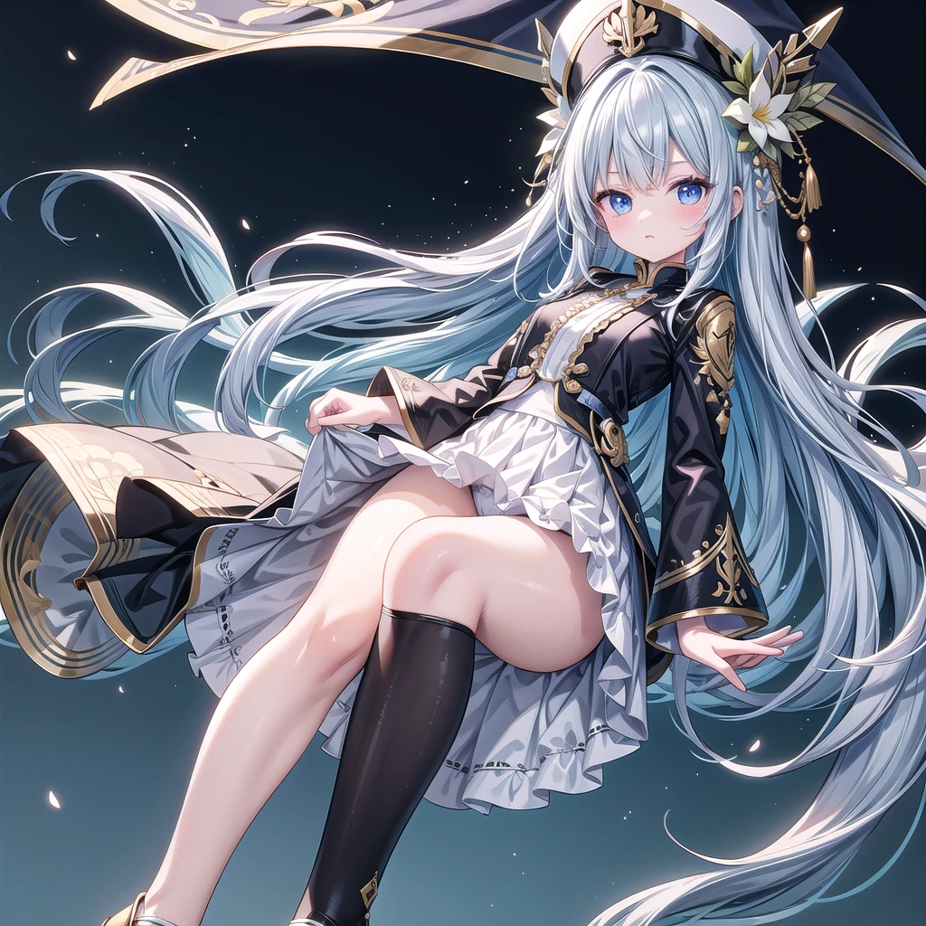 1girl、Dynamic composition、(((Masterpiece、Highest quality、Official Art、Super detailed、Handsome face、Dynamic composition)))、Anime Style、(Milky white and blue hair:1.3),(blue eyes:1.4),(Bright colors:1.4),((麻の葉background:1.3)),, Cool girl in marching band uniform, Marching Band Hats、mini skirt, Frills, Black and white with golden embroidery,(background:Large red flag on the back with gold floral embroidery, Note, )