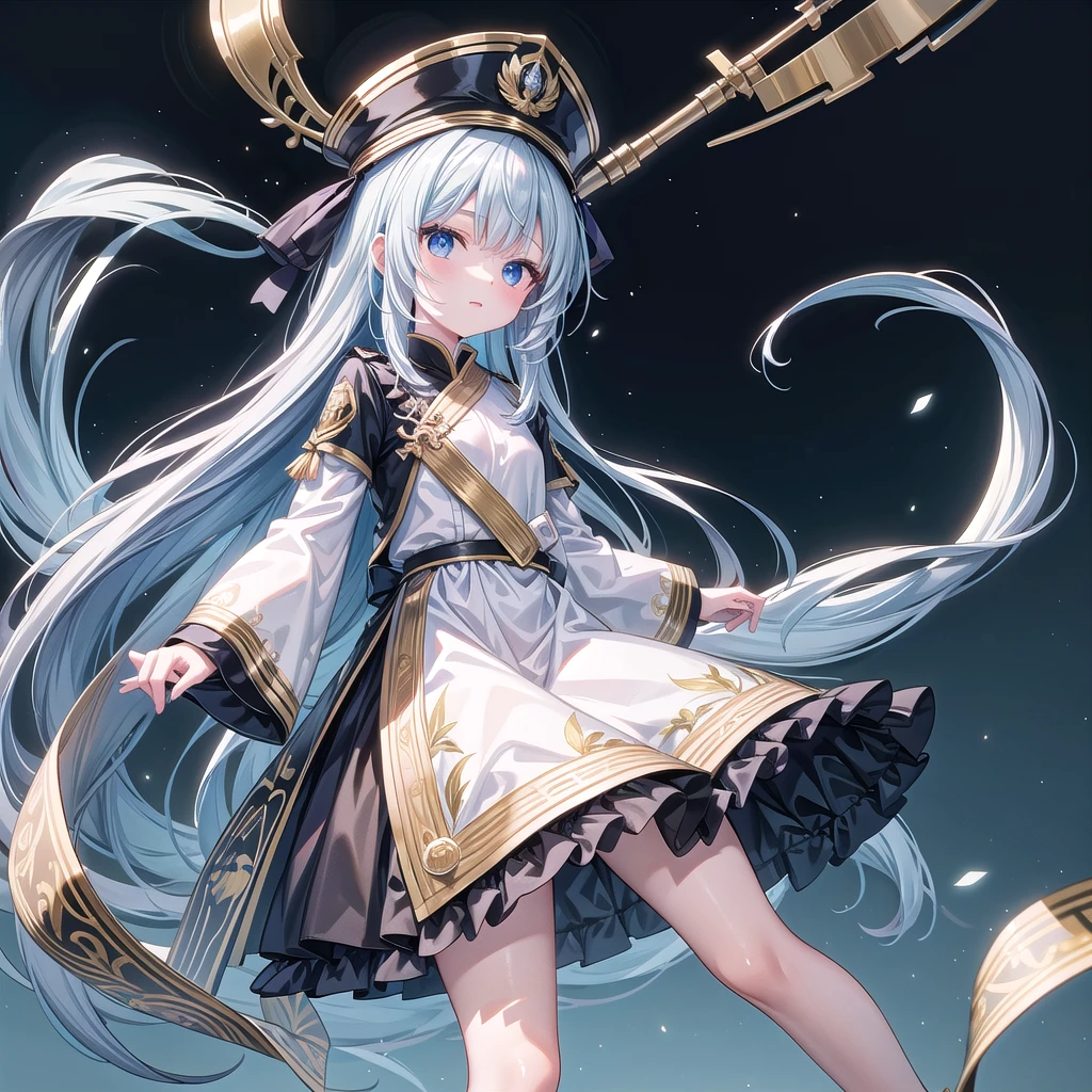 1girl、Dynamic composition、(((Masterpiece、Highest quality、Official Art、Super detailed、Handsome face、Dynamic composition)))、Anime Style、(Milky white and blue hair:1.3),(blue eyes:1.4),(Bright colors:1.4),((麻の葉background:1.3)),, Cool girl in marching band uniform, Marching Band Hats、mini skirt, Frills, Black and white with golden embroidery,（background:Large red flag on the back with gold floral embroidery, Note, )