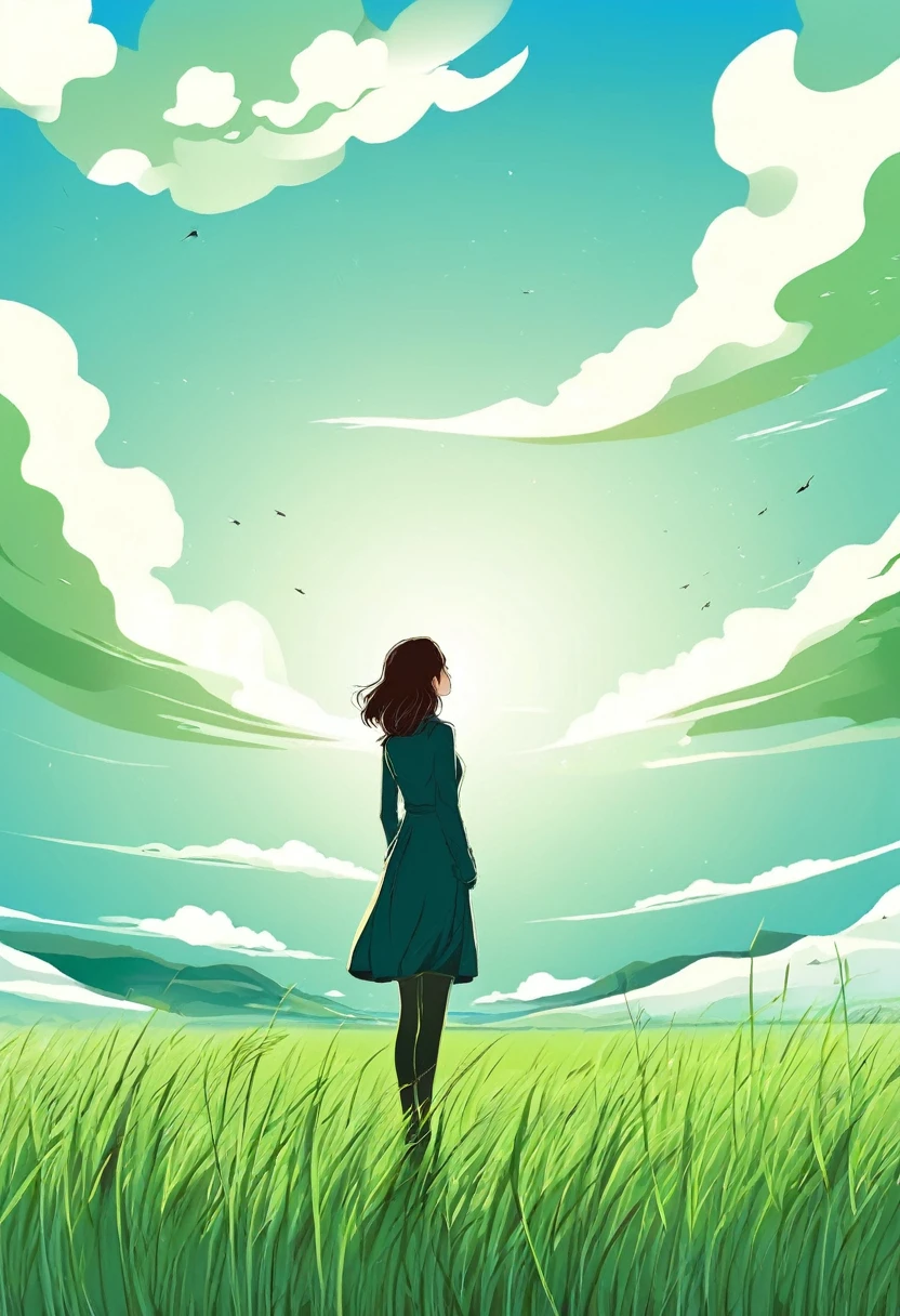 woman in the middle a green meadow looking at the blue sky. manga style,
