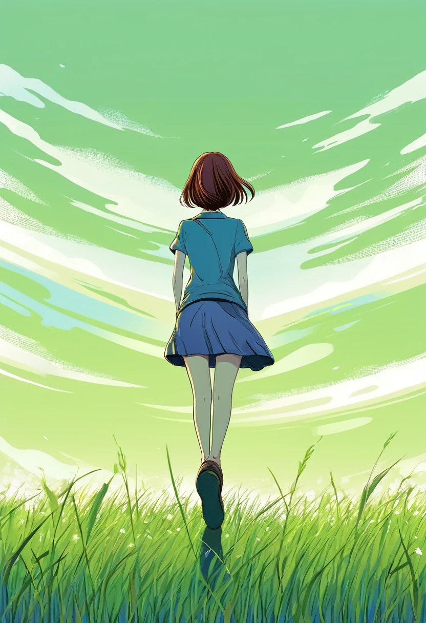  woman in the middle a green meadow looking at the blue sky. manga style,