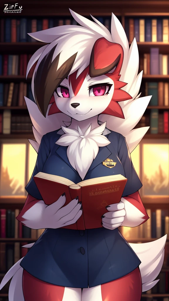 By zinfyu,by twistedscarlet60, uploaded on pixiv, by fluff-kevlar, (masterpiece), (best quality), (solo female:1.2), (extremely detailed:1.3),(detailed eye,black circle on eye,pink eye), lycanroc midnight, view on viewer, close view, shy face, half body on potrait, only body and head, close view, (tail:1.1), closeup photo of lycanroc, adult body posture, Wearing casual uniform, in library, reading book
