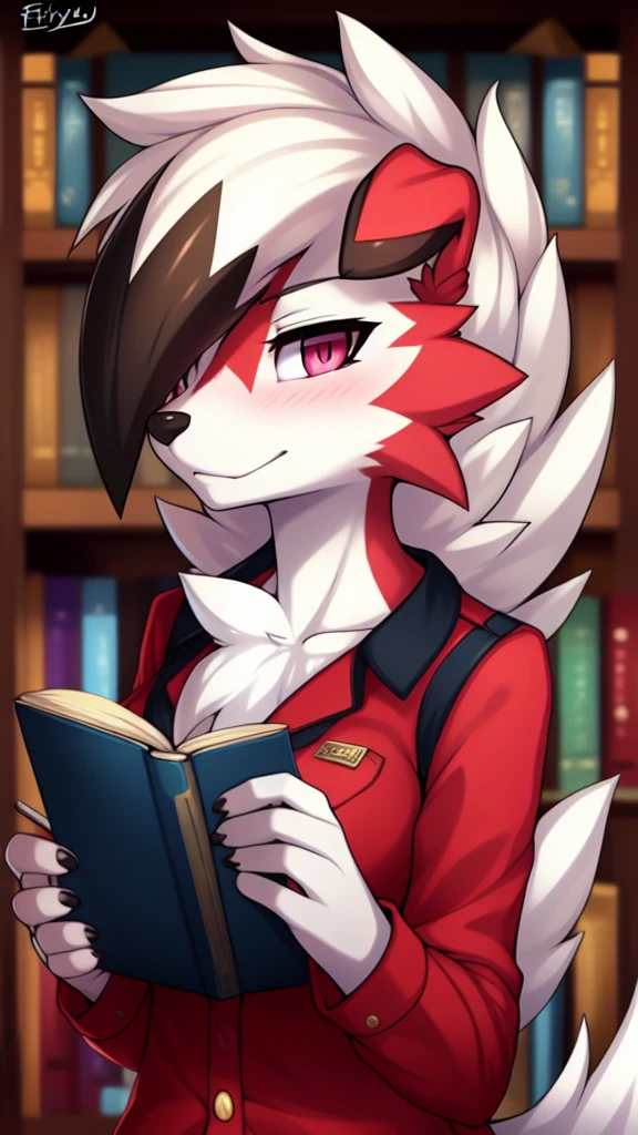 By zinfyu,by twistedscarlet60, uploaded on pixiv, by fluff-kevlar, (masterpiece), (best quality), (solo female:1.2), (extremely detailed:1.3),(detailed eye,black circle on eye,pink eye), lycanroc midnight, view on viewer, close view, shy face, half body on potrait, only body and head, close view, (tail:1.1), closeup photo of lycanroc, adult body posture, Wearing casual uniform, in library, reading book
