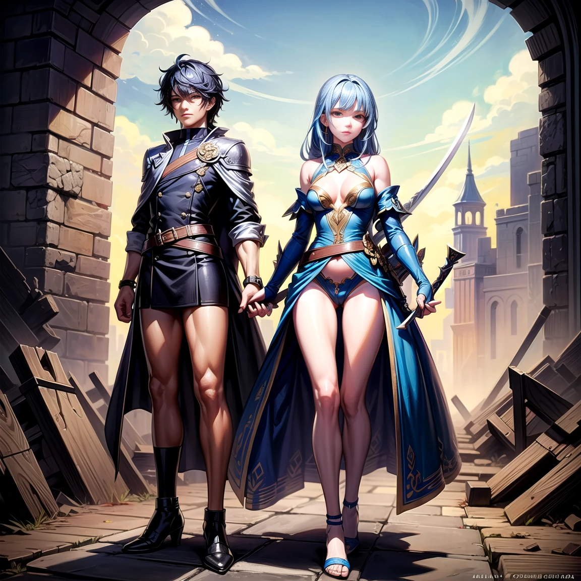 ( high quality , Very detailed, Accurate hands),One Woman,Blue Hair,Long Hair,Female Swordsman,Almost naked costume,Waist belt,(Without skirt,No cape,No underwear,1.2),High heels,Serious face,Inside the ruins,