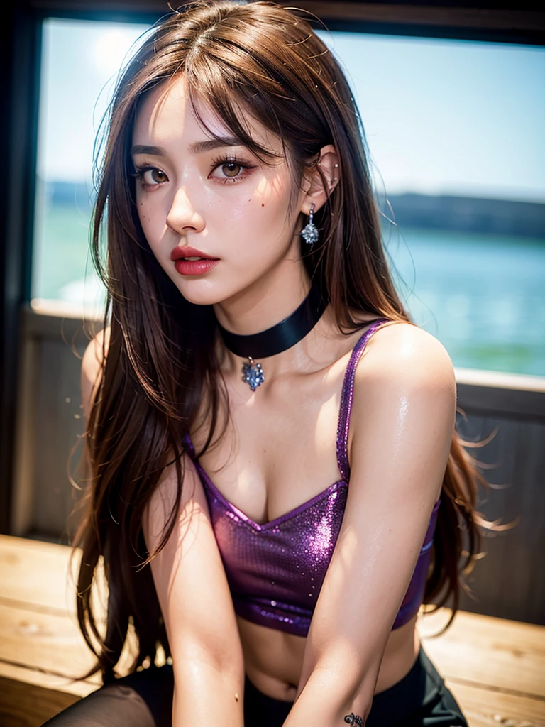 1girl, alone, solitary, high quality, (best quality,4k,8k,highres,masterpiece:1.2),ultra-detailed,(realistic,photorealistic,photo-realistic:1.37),gorgeous hair,light brown hair,long hair with bangs,sharp eyes,mole under the eye,plump lips,jewelry,(high detailed skin:1.4),(rim lighting:1.3),(lit:1.3),(sunny day:1.3),portrait,beautiful lips,waist-length hair,seductive gaze,moles,casual clothes,colorful clothing,close up,super long hair,choker necklace,bangs,fringe,dimples on the cheeks,dimples,brown hair,lighthair,brown hair,black,red lips,red lipstick,round lips,round pouty lips,pouty lips,douyin makeup,sparkly makeup,blue,green,pink,purple,wine red,highlights,colored highlights,piercings,gems,lipstick,lip gloss,tattoos,tattooed,navel piercing, girl,small waist,innocent