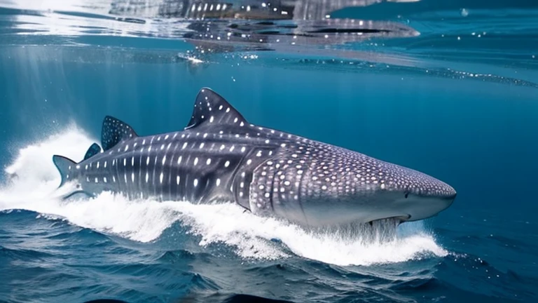 In the sea、A whale shark swims calmly past in front of you
