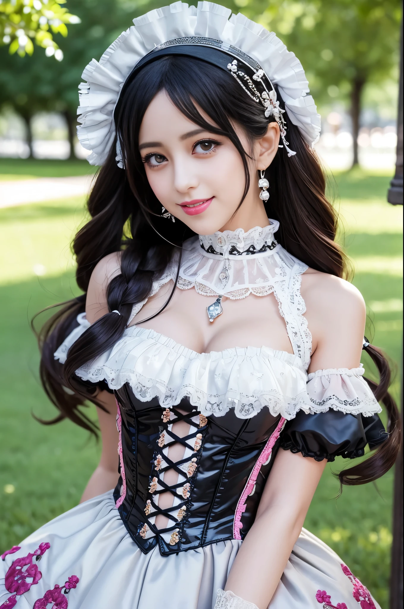 sexy stylish Spanish model, only 1 female, ((doll-like appearance)), ((very detailed Victorian-Style boots)), (smiling face), very detailed eyes, vivid eye makeup, lipgloss, long lashes, defined eyebrows, ((sexy Paradise Kiss cosplay)), bell-shaped skirt, petticoats, high neckline, puffed sleeves, ((very detailed lace)), ((very detailed embroidery)), intricate details, Paradise Kiss accessoires and matching headpiece, Paradise Kiss choker, ((large sparkling Paradise Kiss jewelry)), cinematic light, detailed large park background with trees