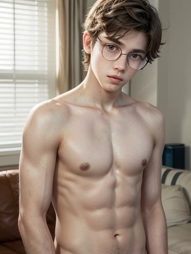 A very beautiful fourteen year old boy, White skin, fine features, light brown eyes, light brown hair, small slanted eyes, serious look, sad look, unclothed, In the living room, discreet glasses, naked, whole body, whole body, big pointed nipples, very defined pectorals, the boy is very masculine,