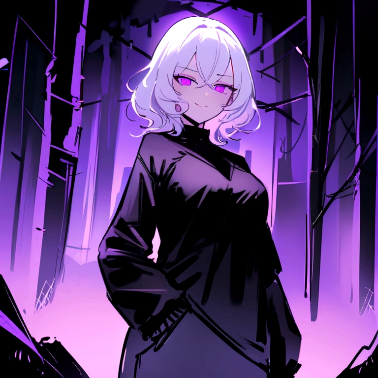 work of art,best qualityer,high qualiy, best qualityer, 4K,8K,up close,1 girl,standing alone,cross bangs, purples eyes, chapéu de Mushroon roxo,  Mushroon, black sweatshirt,light monochromatic,coal,purple outline,(maximum quality)
light white hair.smug face(breasts big)