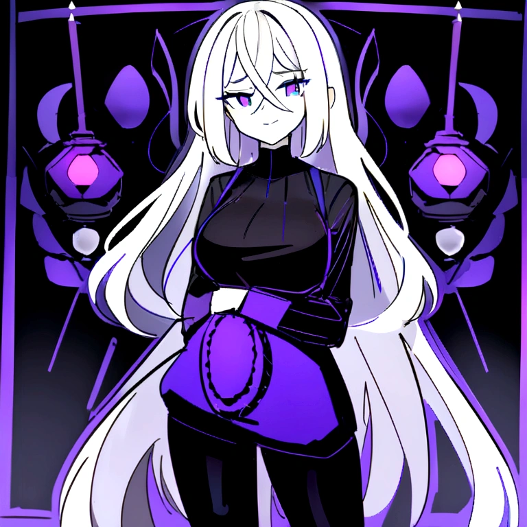 work of art,best qualityer,high qualiy, best qualityer, 4K,8K,up close,1 girl,standing alone,cross bangs, purples eyes, chapéu de Mushroon roxo,  Mushroon, black sweatshirt,light monochromatic,coal,purple outline,(maximum quality)
light white hair.smug face(breasts big)