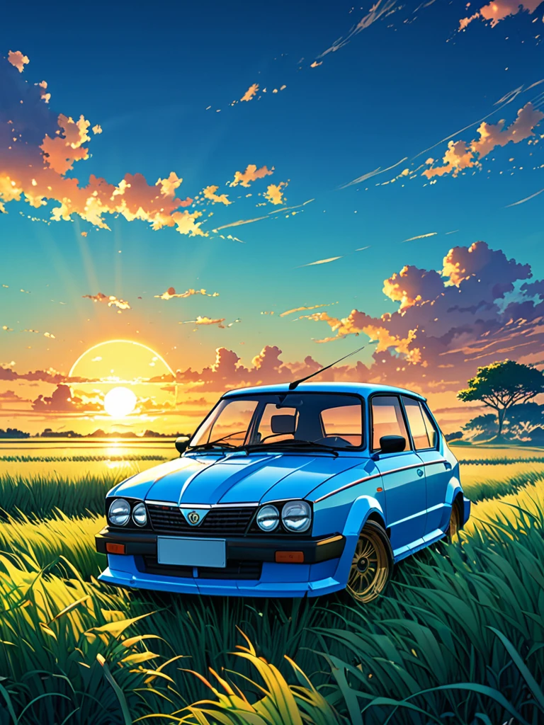 anime landscape of A pearl curacao blue classic Škoda Fabia R6 IV Rallye sits in a field of tall grass with a sunset in the background.beautiful anime scene, beautiful anime peace scene, Makoto Shinkai Cyril Rolando, beautiful anime scene, amazing wallpaper, anime art wallpaper 8k, anime background, artistic anime background, anime wallpaper 4k, anime art 4k wallpaper, anime wallpaper art 4k,
