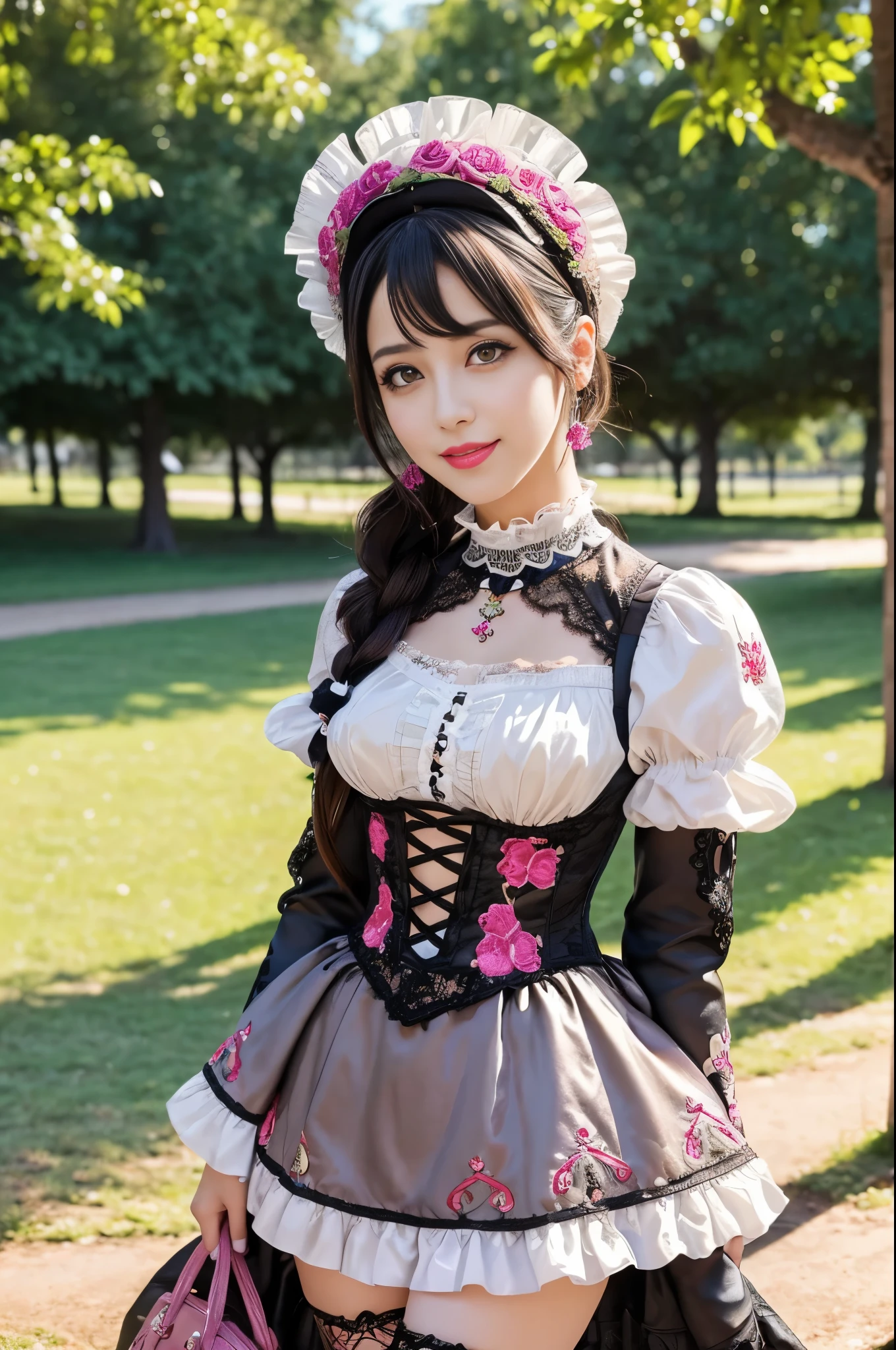 sexy stylish Spanish model, only 1 female, ((doll-like appearance)), ((very detailed Victorian-Style boots)), (happy smile), very detailed eyes, vivid eye makeup, lipgloss, long lashes, defined eyebrows, ((sexy Paradise Kiss cosplay)), bell-shaped skirt, petticoats, high neckline, puffed sleeves, ((very detailed lace)), ((very detailed embroidery)), intricate details, Paradise Kiss accessoires and matching headpiece, Paradise Kiss choker, ((large sparkling Paradise Kiss jewelry)), cinematic light, detailed large park background with trees