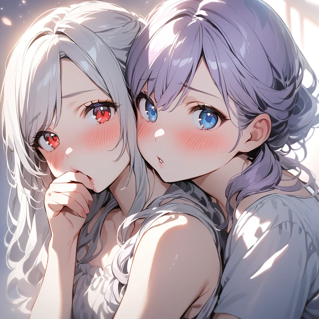 (Cute two girls:1.5),
(masterpiece:1.3), anime visual, (tilt head:1.3), extremely delicate face, realistic lighting and shading, (an extremely delicate and beautiful art:1.3), (muted colors:1.1),BREAK,(one girl with pale-purple wavy blunt hair and red eyes one girl is hugging the other girl from behind,one girl kisses her nape:1.5), (other girl with pale-silver hair and blue eyes, the other girl is openhog her mouth and looks at viewer,blush,:1.5),
