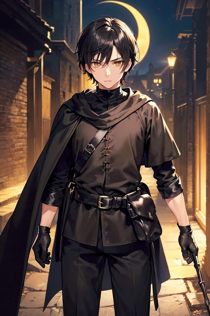(masterpiece; best quality: 1.2), (finely detailed eyes: 1.3), ((25 year old man)), ((solo)), (yellow eyes: 1.4), (body; lithe, lean, slender: 1.3), (very short black hair: 1.3), (beautiful and clear background: 1.2), ((depth of field)), (clothes: black assassin attire + black high-neck tunic + black pants + black gloves + black cloak + belts + traveler pouches and satchel: 1.3), (anime illustration: 1.2), (background; medieval slums alleyway + night: 1.1), (extremely fine and handsome: 1.1), (shot composition; standing + centered on torso + close-up: 1.5), (expression; calm, stoic: 1.2)