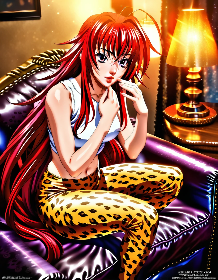 1girl, Rias Gremory, beautiful detailed eyes, beautiful detailed lips, extremely detailed face and eyes, long eyelashes, cheetah print leggings, sitting on purple sofa, farting, best quality, 4k, 8k, highres, masterpiece, ultra-detailed, realistic, photorealistic, HDR, UHD, studio lighting, ultra-fine painting, sharp focus, physically-based rendering, extreme detail description, professional, vivid colors, bokeh, digital painting, high school dxd art, highly detailed, intricate details, soft lighting, warm colors