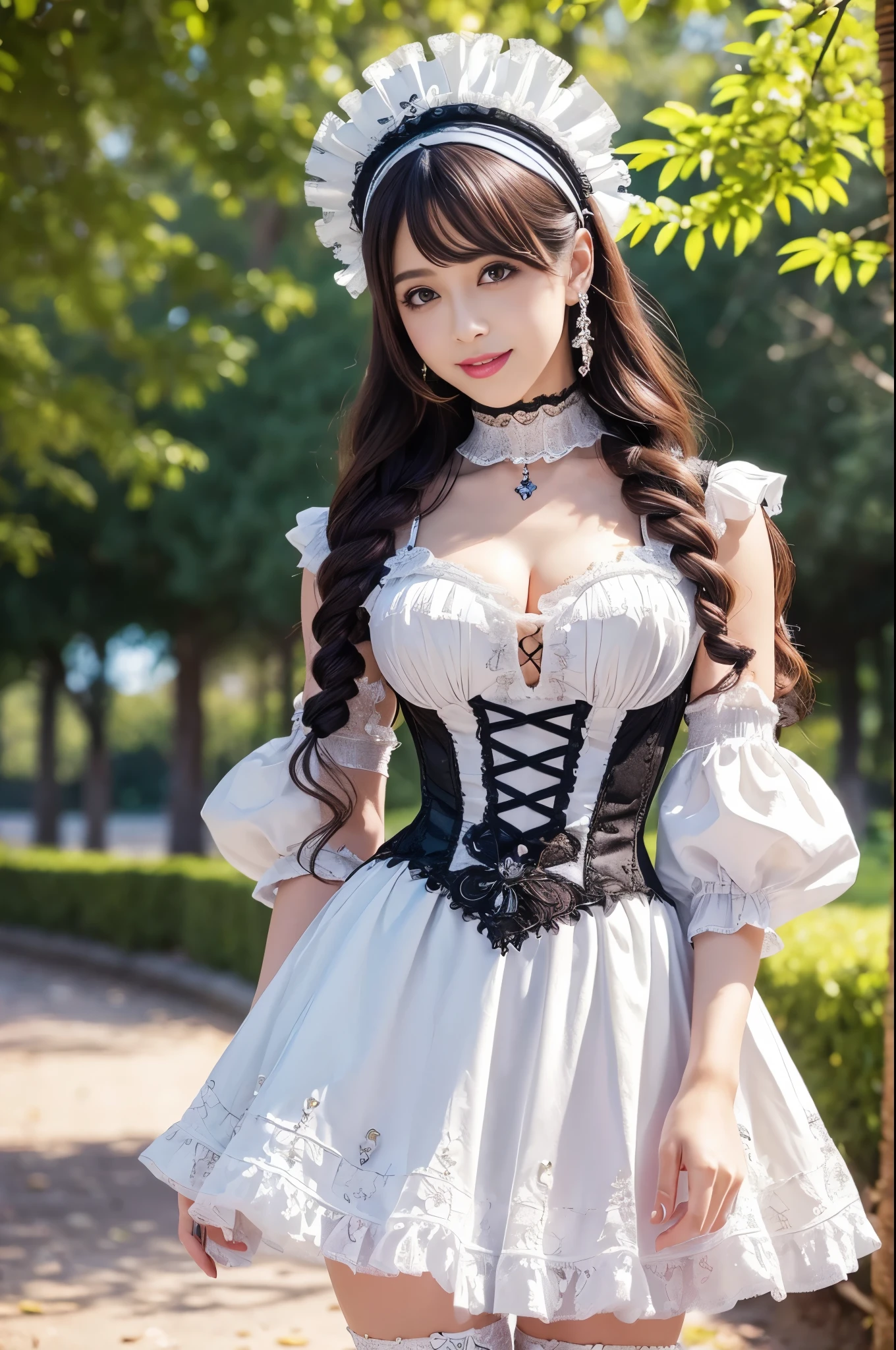 sexy stylish Spanish model, only 1 female, ((doll-like appearance)), ((very detailed Victorian-Style boots)), (happy smile), very detailed eyes, vivid eye makeup, lipgloss, long lashes, defined eyebrows, ((sexy Paradise Kiss cosplay)), bell-shaped skirt, petticoats, high neckline, puffed sleeves, ((very detailed lace)), ((very detailed embroidery)), intricate details, Paradise Kiss accessoires and matching headpiece, Paradise Kiss choker, ((large sparkling Paradise Kiss jewelry)), cinematic light, detailed large park background with trees