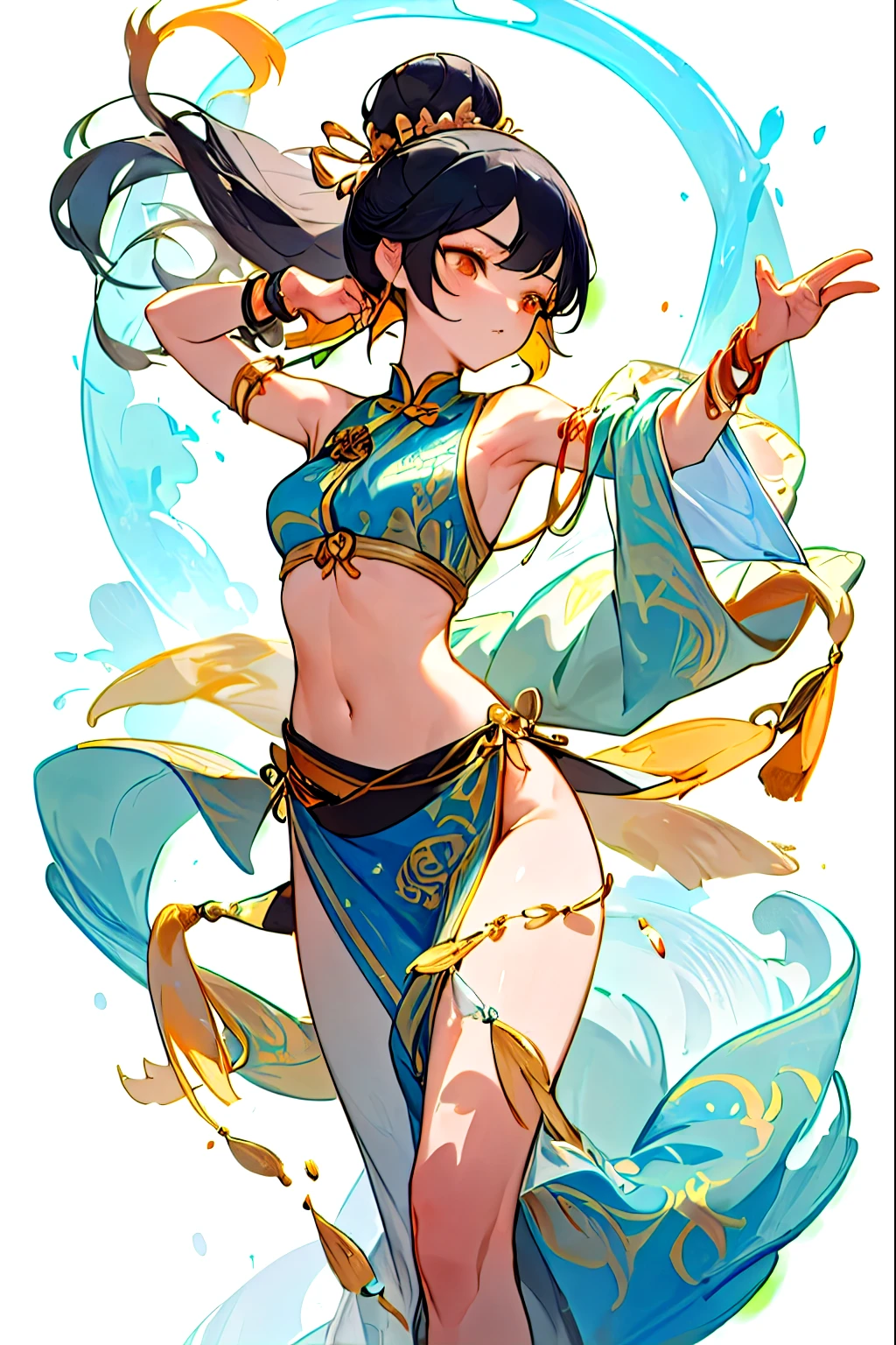 An ancient Chinese beauty stands and dances on the water, gorgeous costumes embroidered with intricate embroidery, flowing tulle, transparent long colorful ribbons tied on the arms, inspired by Dunhuang Flying Apsaras murals, showing navel, bare shoulders, bare neck, Black curly hair in a high bun with flower hairpins, ribbons on arm rings, wreaths, bracelets, anklets, metal chain tassels on the waist, Mogao Grottoes art, ink painting, cgstation pop
