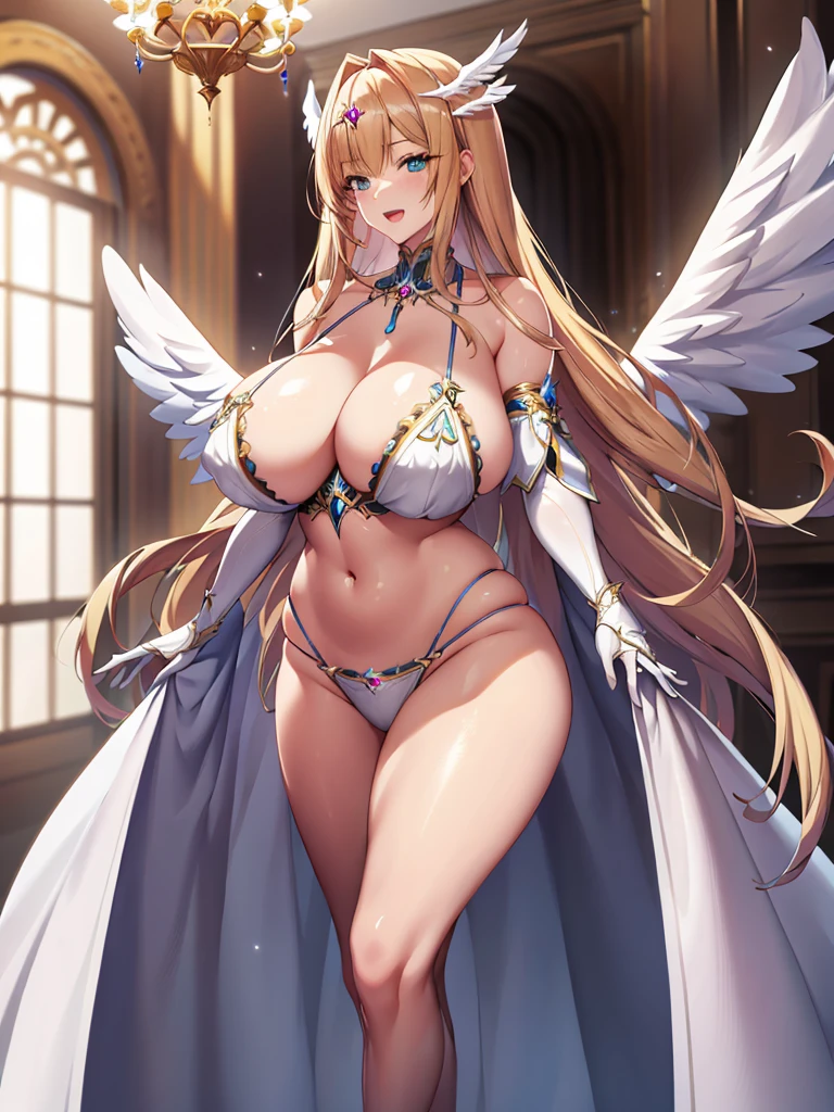 最high quality, high quality, 8K、High resolution,Highest quality、anime、solo、from the front、Arafe woman wearing a white bikini, Long neck、bare hands、barefoot、belly button、maternal、Thighs、Background of a room with a chandelier、Are standing、Open Mouth Smile、Blonde、high qualityな青い瞳、白いビキニを着ているsuper Wide Angel, Majestic angel all over the body, animeの女神, Wide Angel, Angela White, Epic pose,白いビキニを着ている美しく魅力的なanimeの女性, Huge and stunning goddess shots, Angel Knight Girl, Tall female angel, She has angel wings on her chest, Highly detailed goddess shot