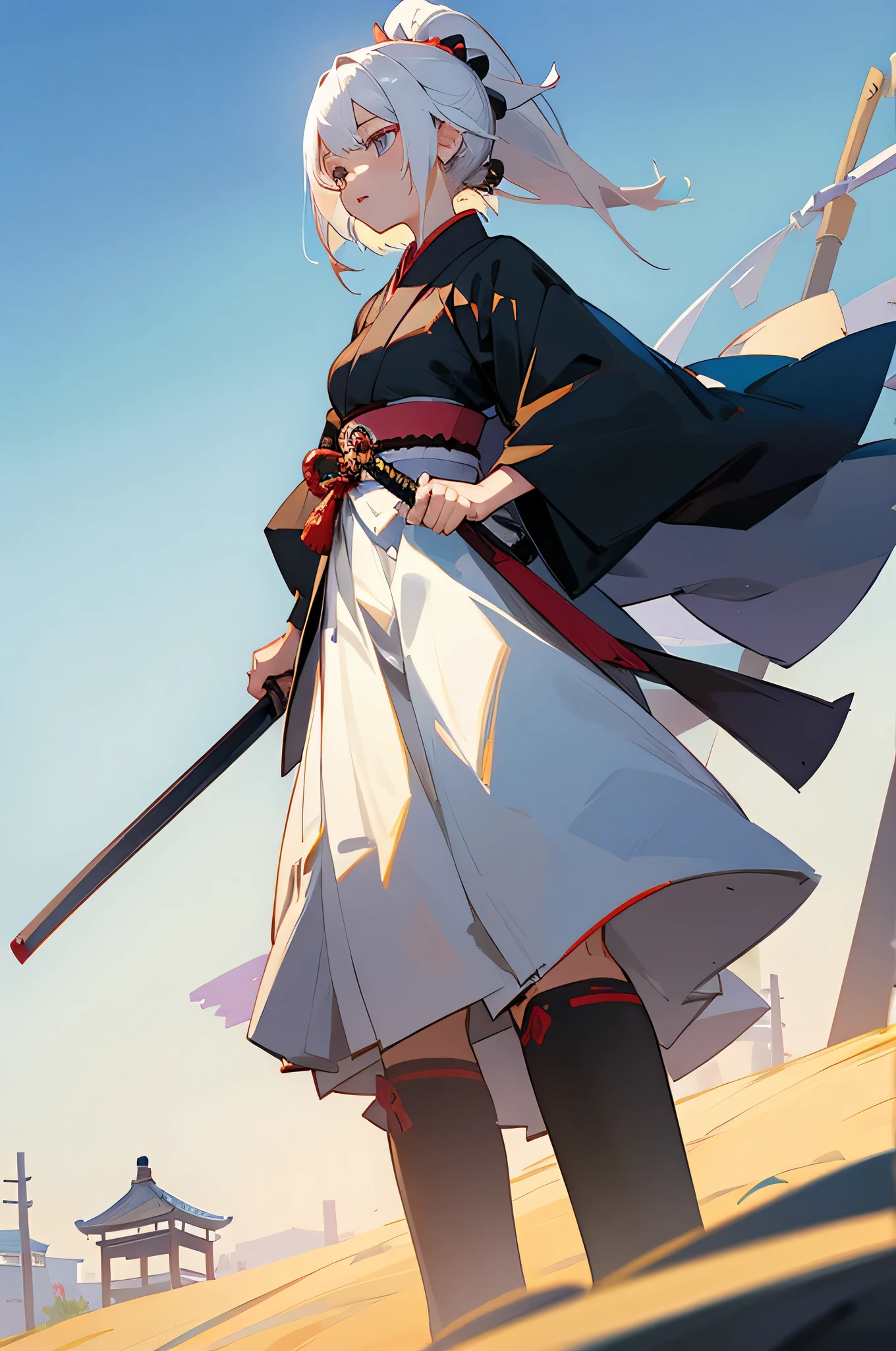 Teen , Female, samurai Clothing, Standing pose, Town background, White hair