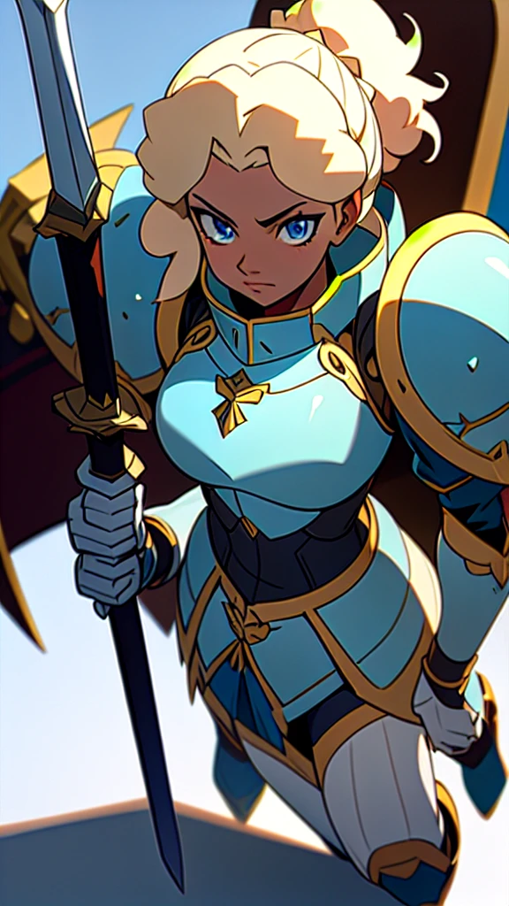 Anime, medieval fantasy style. A Girl, 25 years old, royal knight, Paladin silver armor, beautiful but severe face, detailed face, dark skin:0.8, light blue eyes, detailed eyes, African American, semi-updo blonde afro hair, detailed body, fantasy shield in the left hand, sword long in the right hand, simple battlefield background, dynamic combat pose, tense expression, ((full body)). Detailed character, extreme attention to detail, close-up shot of the character.