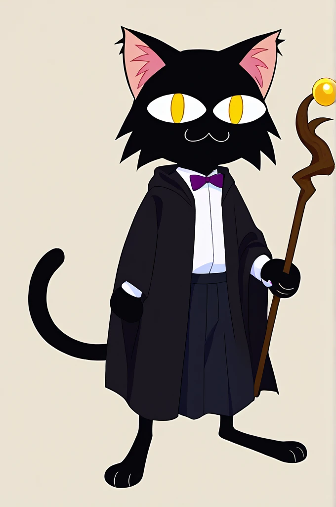 Solo A Japanese girl with yellow eyes and black hair, wearing a dark Purple hooded cloak and holding a staff.solo female ,furry ,tuxedo cat